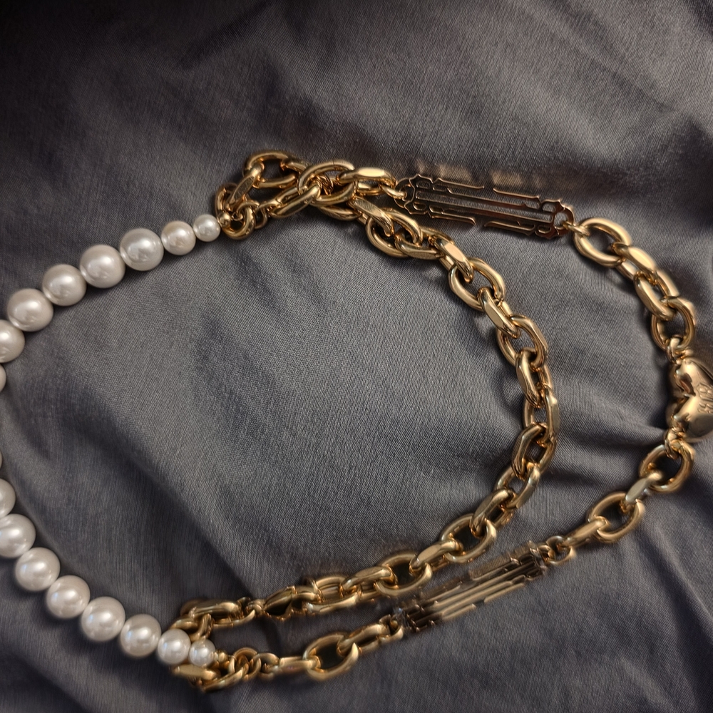 Gold Chain and White Pearl Two-Strand Necklace
